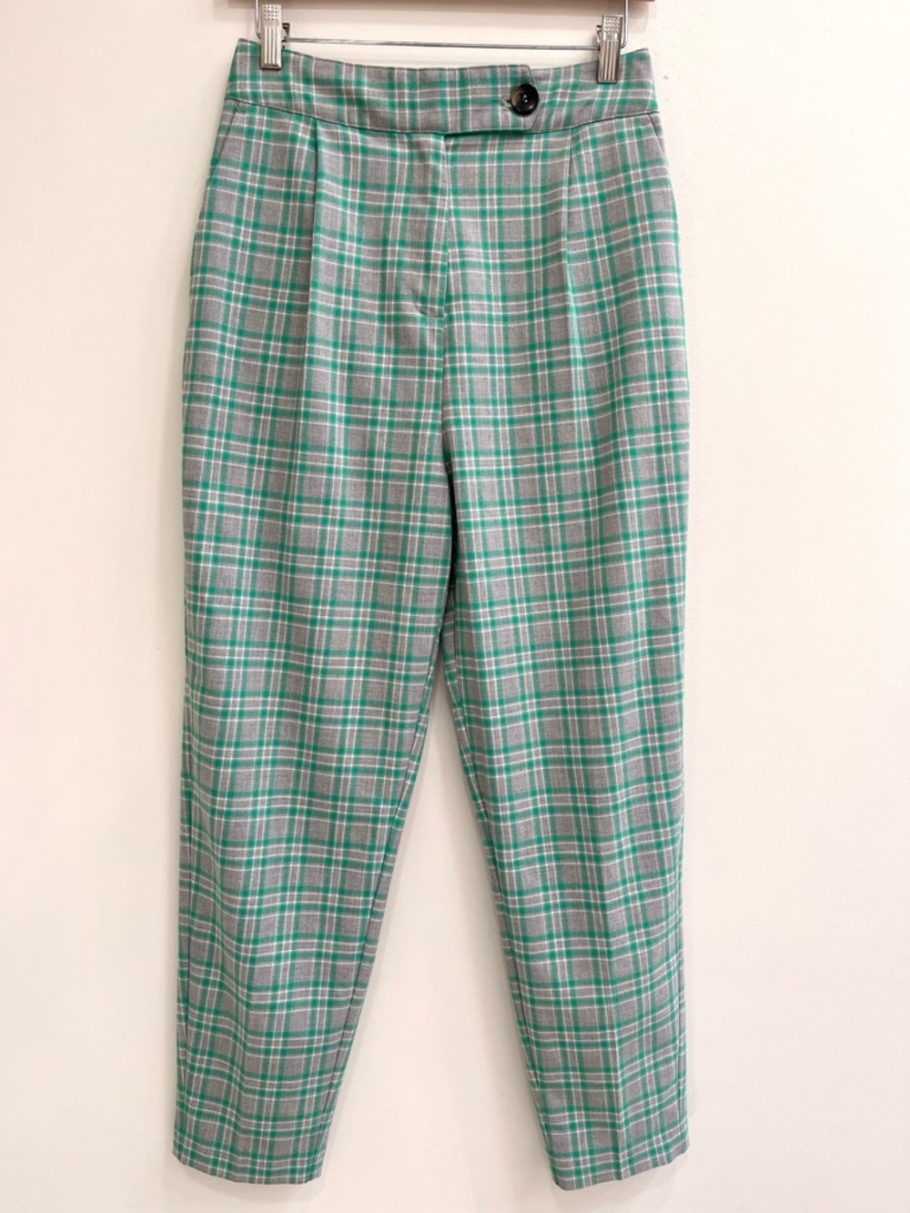 Selected Femme vintage inspired green gray plaid high waisted trouser pants 6